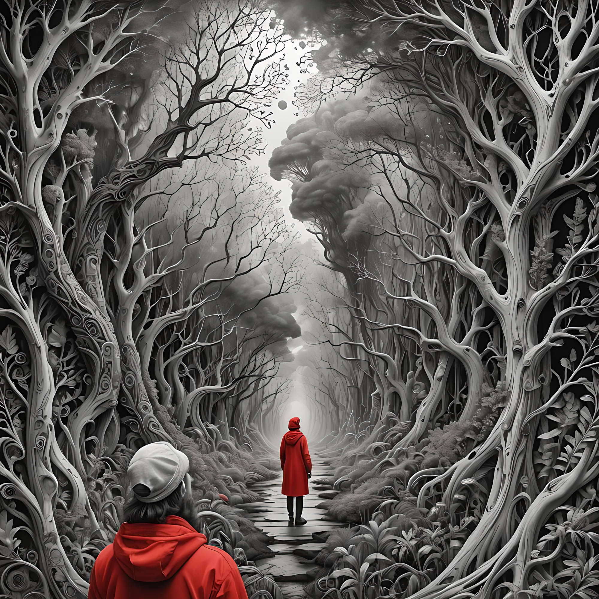 The curious red clothed is looking into the otherworldly forest